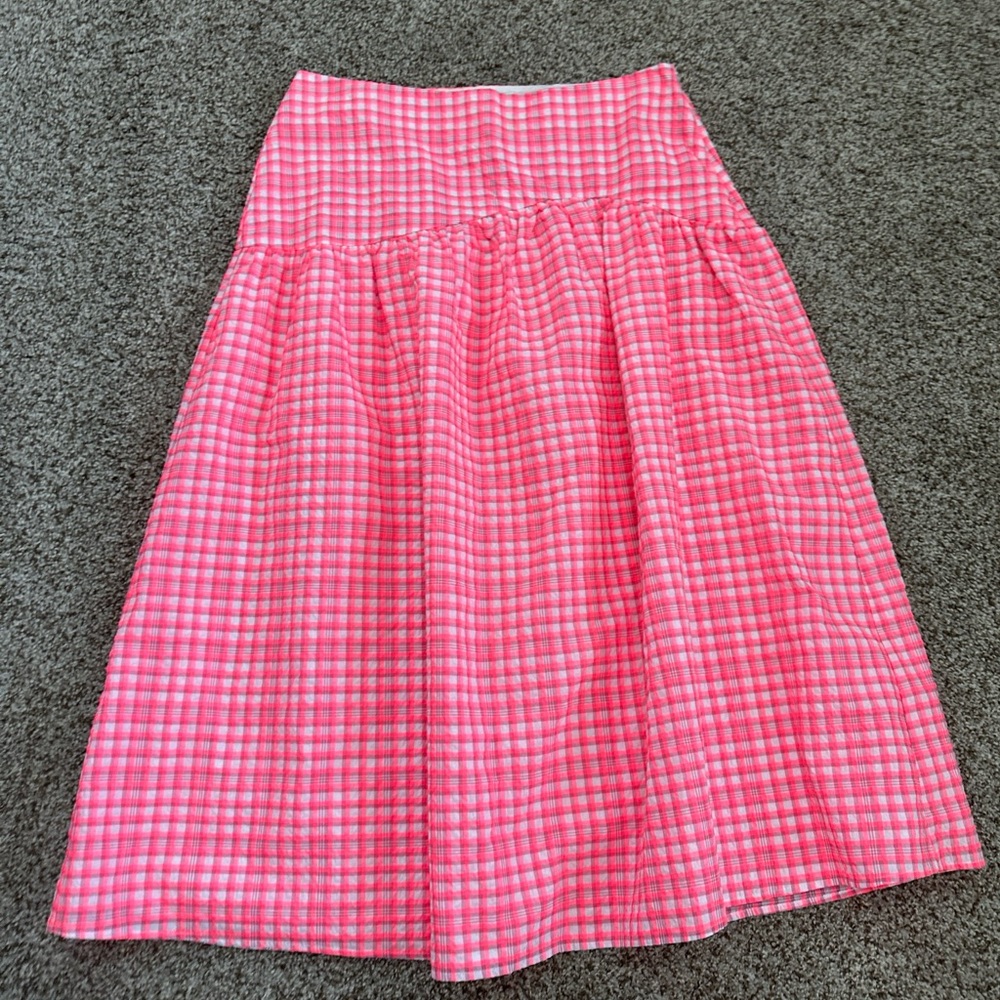 NWT Top Shop Seersucker Bright Pink Gingham Neon Maxi Skirt Sze 10 Drop Waist